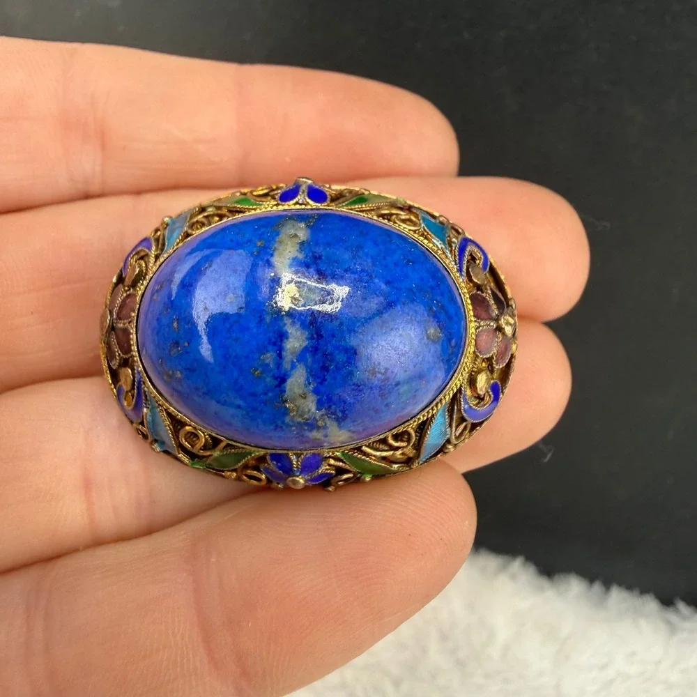 Vintage Chinese Export Enamel Filigree Brooch Blue Sterling Silver 925